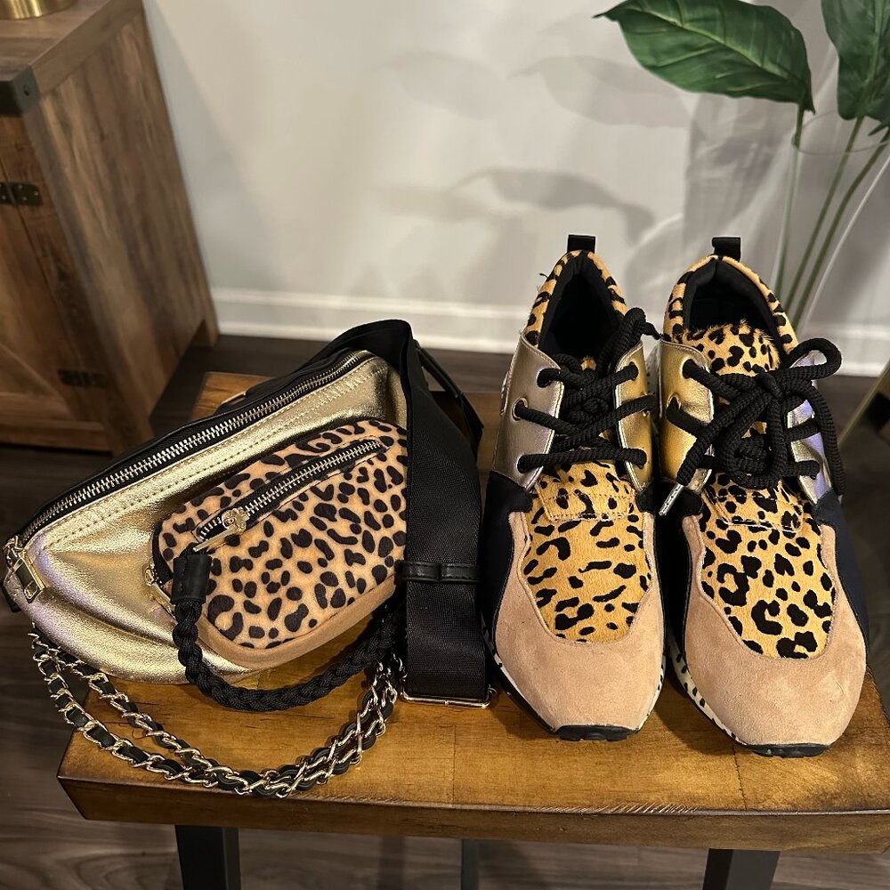 Women's Steve Madden Leopard Print Cliff Sneakers Sz 10 + Convertible Belt Bag